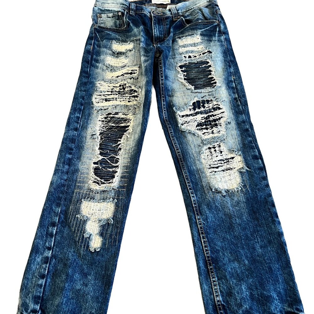 Aknowledge Men's 34x30 Distressed Medium Wash Blue Jeans 100% Cotton